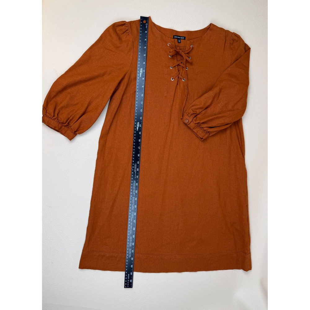 Who What Wear XS Dress Boho Linen Blend Burnt Orange Lace Up Puff Sleeve - Picture 8 of 9
